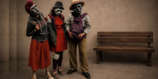 Imagen de dos mujeres y un hombre que usan mascaras tristes, al fondo se ve una silla antigua.