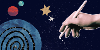 Imagen de una mano digital dibujando planetas, espiral y estrellas