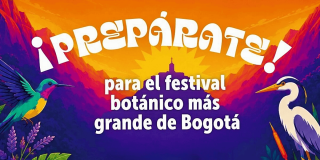 Ilustración del Festival Estéreo Botánico en tonos naranja, morado y fucsia, con la silueta del Jardín Botánico al centro, un colibrí a la izquierda y una garza a la derecha entre vegetación, con un texto con el mensaje: ¨¡Prepárate! para el festival botánico más grande de Bogotá”.