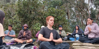 Imagen de varias personas en posición de yoga en un lugar abierto donde de fondo se ve naturaleza.