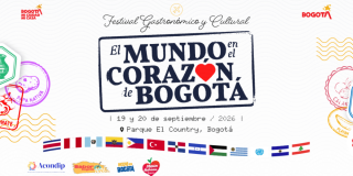 Imagen de Afiche oficial '‘El mundo en el corazón de Bogotá’ en letras con banderas de varios países.