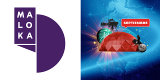 Logo de Maloka junto a ilustración espacial con domo rojo, cámara, telescopio, planeta, luna y el texto “SEPTIEMBRE” sobre fondo azul.