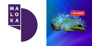 Logo de Maloka junto a ilustración espacial con domo verde, rodeado de naturaleza y el letrero de “OCTUBRE” sobre fondo azul.