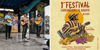 Imagen del cartel promocional del Festival Carranguero de Bogotá y de tres hombres en tarima que visten ruana y tiple.