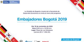Culmina programa Embajadores Bogotá 2019 - 31 jóvenes extranjeros serán promotores del turismo y la cultura bogotana en siete países. Culmina programa Embajadores Bogotá 2019 - 31 jóvenes extranjeros serán promotores del turismo y la cultura bogotana en siete países.