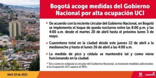 Bogotá tendrá nueva cuarentena general del jueves 22 de abril al lunes 26 de abril