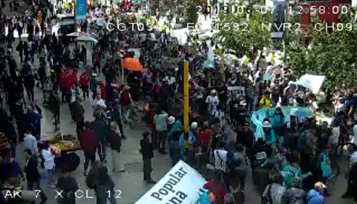 Un grupo de manifestantes se desplaza por la carrera 7