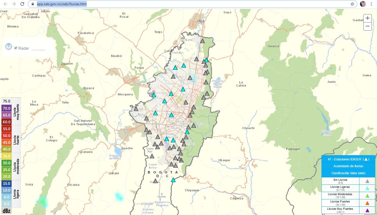 Imagen del mapa de Bogotá con los puntos señalados en donde caerán lluvias