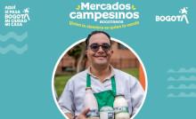 Imagen de los Mercados Campesinos en Bogotá con uno de los campesinos participantes.