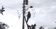 Imagen de un técnico de ENEL realizando mantenimiento en un poste de luz.