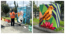 Foto que muestra en un lado una persona limpiando una pared y en el otro lado un grafiti de un pajaro 