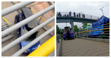 Foto de un carro azul intentando subir por un puente peatonal