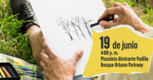 Persona dibuja árboles en cuaderno durante taller artístico; pieza incluye texto: “19 de junio, 4:00 p. m., Plazoleta Almirante Padilla, Bosque Urbano Parkway”