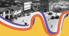 Imagen en blanco y negro del Barrio Santa Inés y una franja de colores del IDPC con mensaje un recorrido por la memoria