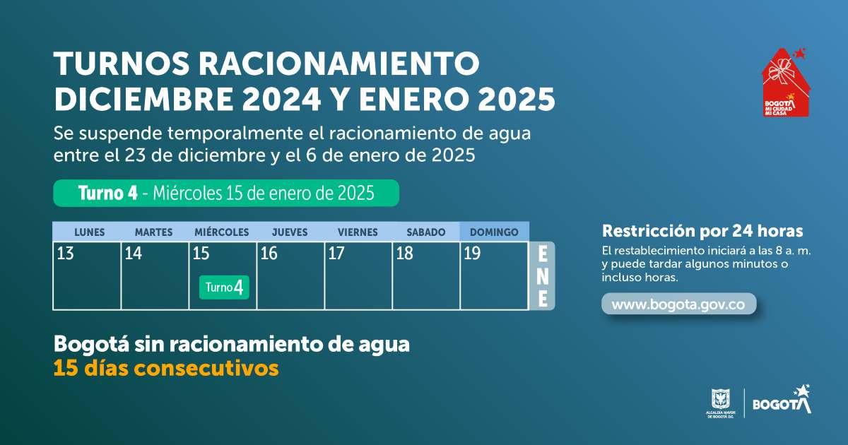 Racionamiento de agua en Bogotá y Soacha miércoles 15 de enero 2025