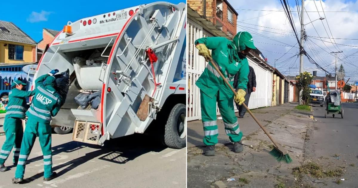 Foto de operadores de aseo realizando recolección de residuos y tareas de barrido.