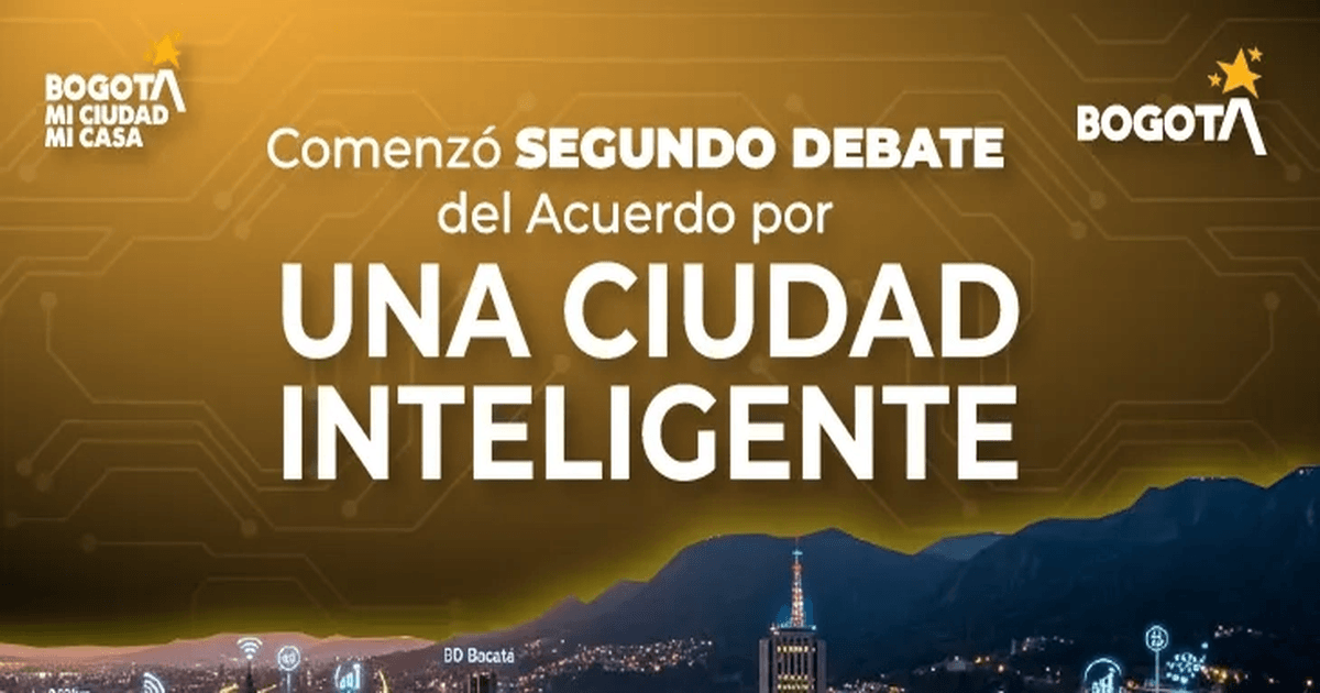 Pieza gráfica con fondo dorado y diseño de circuitos tecnológicos. En el centro aparece el texto: “Comenzó segundo debate del Acuerdo por una Ciudad Inteligente”. En las esquinas superiores se observan los logotipos de Bogotá.