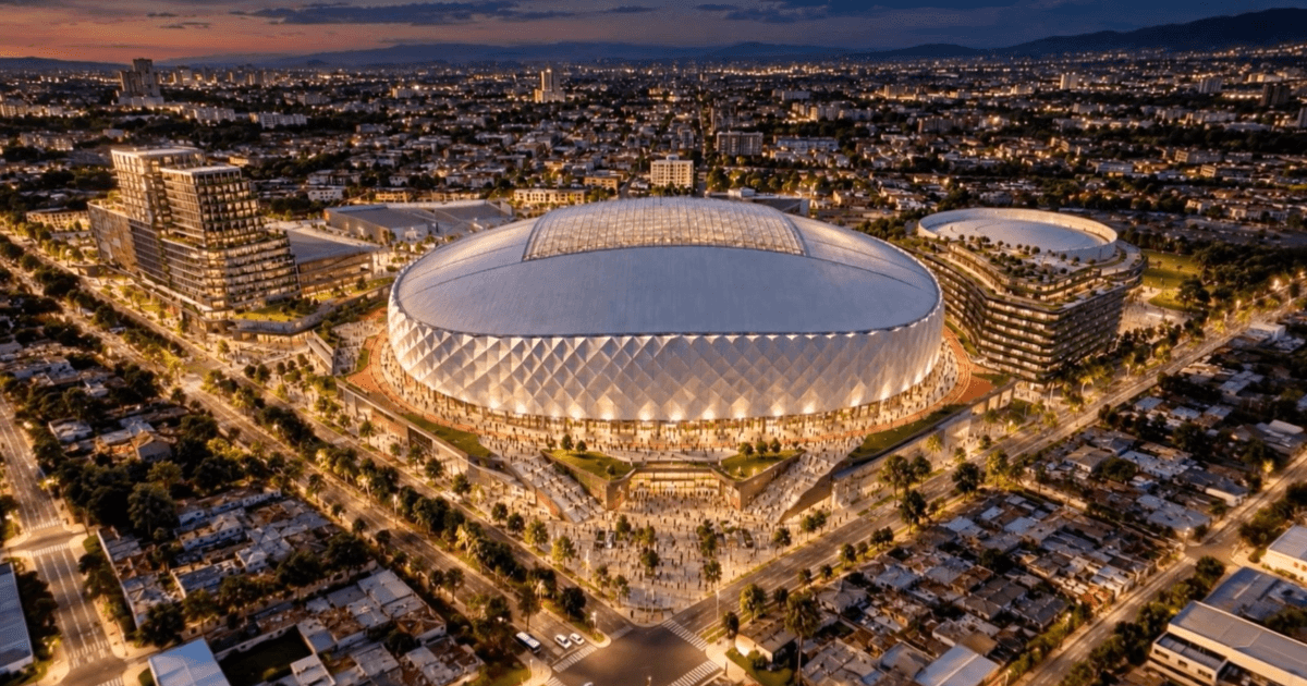Vista aérea nocturna del diseño del nuevo estadio El Campín, con cubierta retráctil iluminada y entorno urbano circundante.