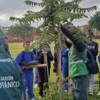 Foto de uno de los 145 nuevos árboles plantados en el parque El Recreo de Bosa en Bogotá y estudiantes guardianes.