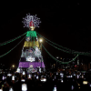 Imagen de Bogotá donde se ve al fondo un gran árbol de navidad y alumbrado navideño