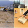 Foto que muestra un terreno vacio en el lado izquierdo y en el lado derecho un señor firmando