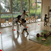Imagen de varios niños junto a su profesor tomando una clase de capoeira.