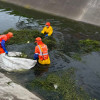 Foto que muestra tres personas limpiando un canal de agua 