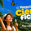 Pieza gráfica promociona Vacaciones Científicas con niños explorando naturaleza, mariposas, microscopio y texto informativo con enlace a inscripciones