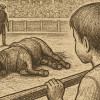 Ilustración muestra menor observando toro herido en plaza, escena crítica sobre violencia hacia animales
