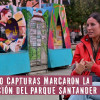 Jessica Solórzano, coordinadora de los Gestores de Convivencia sentada y pieza con texto más de 200 capturas marcaron la recuperación del Parque Santander