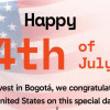 Bandera de Estados Unidos con un texto de happy cuatro de julio Invest in Bogotá at congratulate the United States on this special day.
