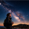 Imagen de un niño que mira al firmamento en una noche que cuenta con muchas estrellas.