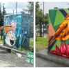 Foto que muestra en un lado una persona limpiando una pared y en el otro lado un grafiti de un pajaro 