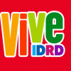 Logotipo de la aplicación Vive IDRD sobre fondo rojo, plataforma digital para consultar actividades, eventos y programación recreodeportiva del Instituto Distrital de Recreación y Deporte de Bogotá.