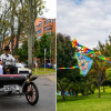 Fotos de un carro antiguo y de un niño elevando una cometa en Bogotá.