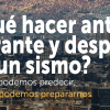 Vista panorámica de Bogotá con edificaciones residenciales y comerciales en primer plano con texto sobre la imagen que dice: “¿Qué hacer antes, durante y después de un sismo? No los podemos predecir, pero sí podemos prepararnos”