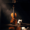 Imagen de un violín con un balón de futbol con un fondo negro 