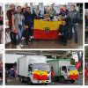Composición de imágenes de personas cargando y descargando los camiones con ayudas humanitarias