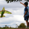 Persona eleva una cometa con forma de avión durante una jornada al aire libre en Bogotá bajo un cielo nublado.