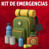 Ilustración de un kit de emergencias con mochila, botellas de agua, linterna, botiquín y provisiones sobre fondo rojo. Con Texto que dice: “KIT DE EMERGENCIAS”.