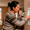 Persona señala el tablero eléctrico de una vivienda mientras sostiene un teléfono móvil con una lista de verificación.