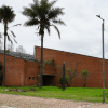 Fachada de ladrillo de una edificación rodeada de zonas verdes, con varias palmas y plantas ornamentales sembradas frente al muro.