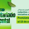Pieza gráfica de la campaña Voluntariado Ambiental 2026-2027. En el costado izquierdo aparece el logo “Bogotá Mi Ciudad Mi Casa” y los textos “Súmate al Voluntariado Ambiental 2026-2027”. En el lado derecho se lee: “¿Haces parte de un colectivo con una iniciativa ambiental? Postúlate hasta el 15 de octubre”.