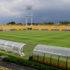 Estadio de Techo de Bogotá, con una cancha de fútbol de césped natural rodeada por graderías amarillas, bancas técnicas cubiertas y un cielo nublado al fondo.