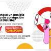 Pieza gráfica informativa con ilustración de una persona sosteniendo un megáfono. El texto dice: “¿Conoce un posible caso de corrupción en el Distrito? Repórtelo en el botón anticorrupción”.