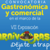 Afiche promocional con fondo azul de la convocatoria gastronómica y comercial para la VII Exposición de Plantas Carnívoras. El diseño incluye los textos “Convocatoria Gastronómica y comercial”, “en el marco de la VII Exposición Carnívoras” y “¡Déjate atrapar!”, junto a una ilustración de una planta carnívora integrada en el título del evento.