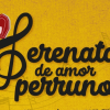 Banner promocional de la actividad “Serenata de amor perruno” sobre fondo amarillo con textura y notas musicales difuminadas.