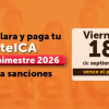 Pieza gráfica con fondo naranja y logos de Bogotá. El texto dice: “Declara y paga tu ReteICA”, “4.º bimestre 2026” y “evita sanciones”. A la derecha aparece un calendario con la fecha “Viernes 18 de septiembre” y el mensaje “vence el plazo”. En el fondo se observa de forma tenue la palabra “ReteICA”.