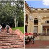 Foto que muestra personas subiendo una escalera y la fachada de un edificio 