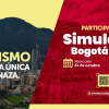 Afiche promocional del Simulacro Bogotá 2026 con fondo en tonos rojo y amarillo, ilustración de montañas, código QR y textos alusivos a la participación ciudadana en actividades de preparación.
